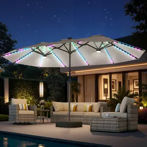 15FT Large Outdoor Patio Umbrella, Rectangular Market Table Sun Parasol Umbrella with Base, Crank, Steel Ribs and Pole for Garden, Backyard,Sand, Pool