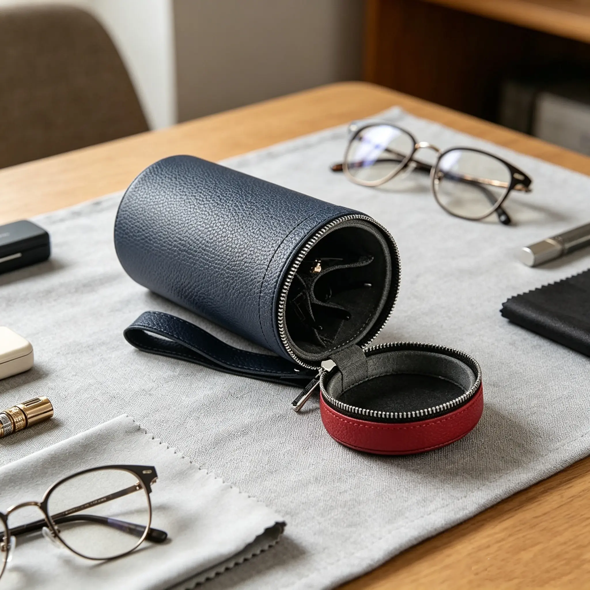 Lychee Print 3-Slot Leather Eyeglass Case - Durable Sunglasses Holder Organizer for Men and Women
