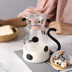 Cow-Shaped Glass Water Pitcher Set with Mug, Reusable Animal Print Hourglass Design, Glass Carafe for Cold Beverages, Hand Wash Only, Ideal for Home, Office, Hotel - Christmas & Halloween Gift for Teens Drinkware Jugs Lid Bottles