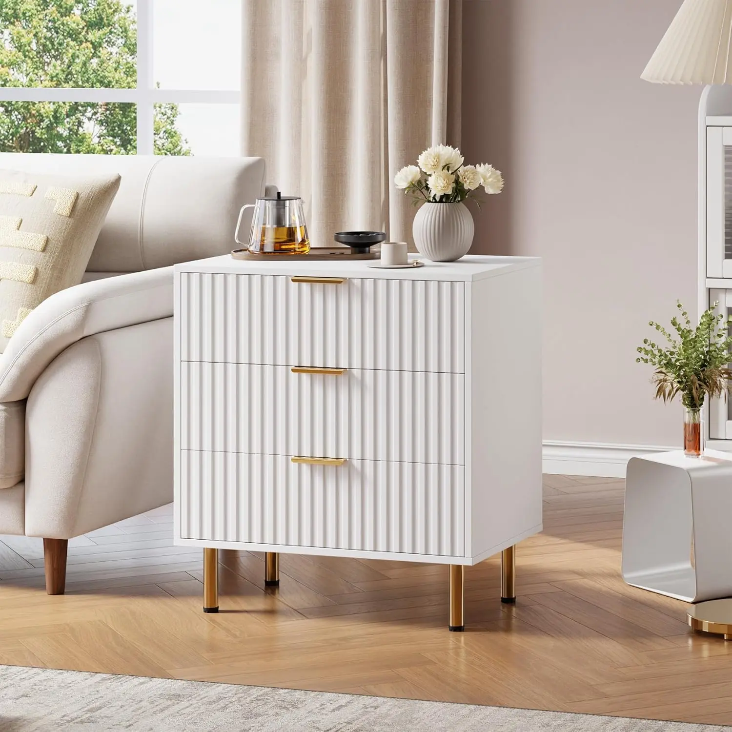 White Fluted 3-Drawer Wooden Dresser - Drawer-Equipped Makeup Vanity, Stylish Organizer with Deep Storage, Wide Surface, Multi-Functional Design, Ideal for Bedroom & Living Room, Drawer-Equipped Makeup Vanities