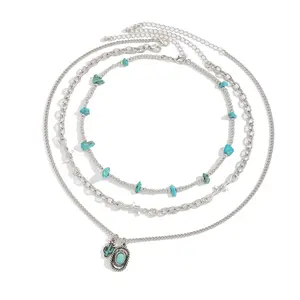 Set of 3 Stylish Layer Turquoise Beaded Necklaces with Unique Cactus Charm