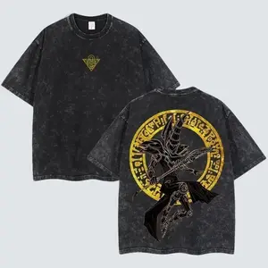 Retro Heavy Limited Monster Card Dark Magician Yu-Gi-Oh Anime Double Printed Vintage Washed Tee Unisex Oversize Anime Manga Washed Heavyweight Cotton T-shirt