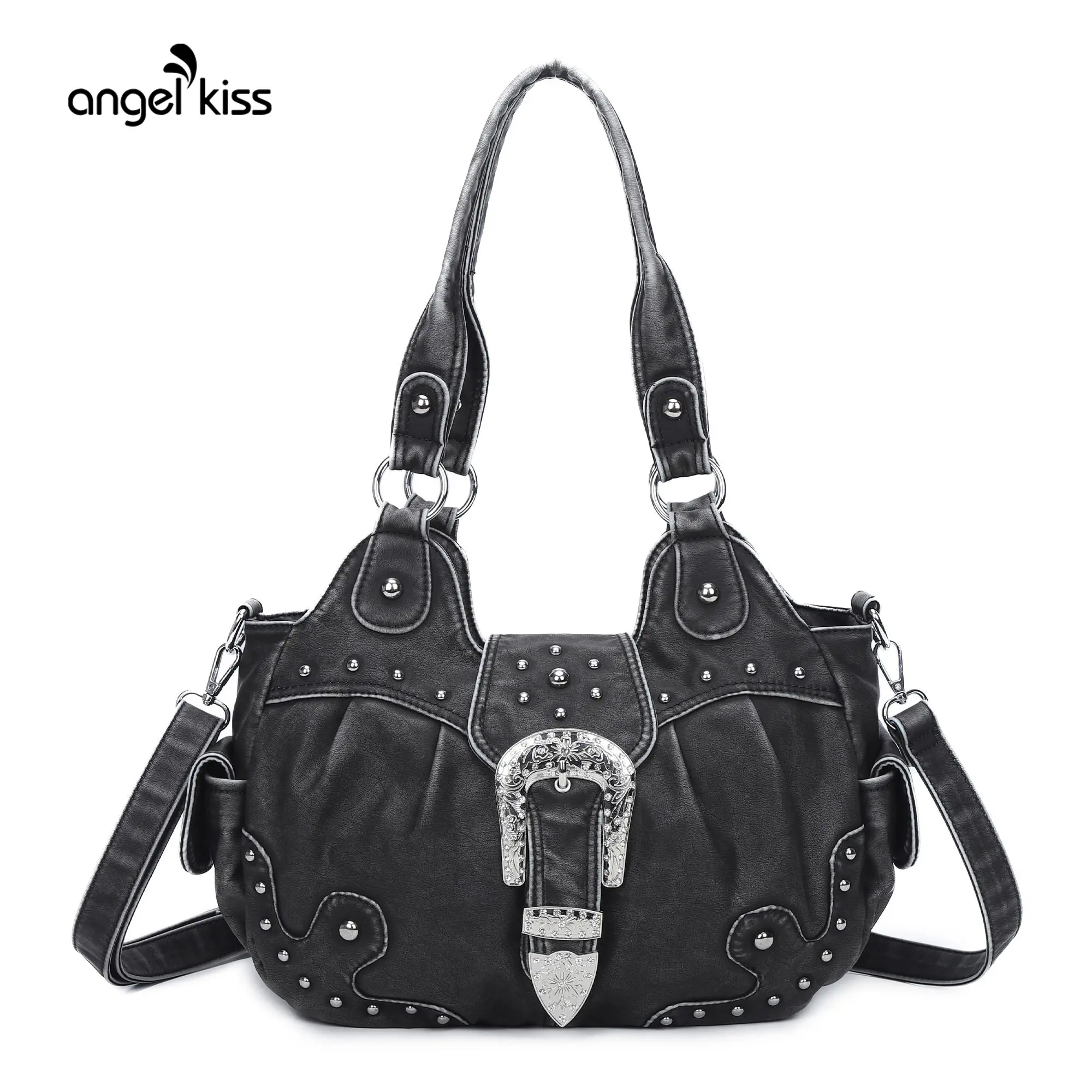 Angel Kiss Bag for Women(14.5" x 5.8" x 8.6") Handcrafted Vegan Leather Hobo Handbag with Metal Studs, Colorblock Multi-Compartment Purse, Womens Gifts, Handcrafted Bag, Casual Handbag Satchel, Cosmetic, Zipper, Everyday Bag tiktokshopbacktoschool