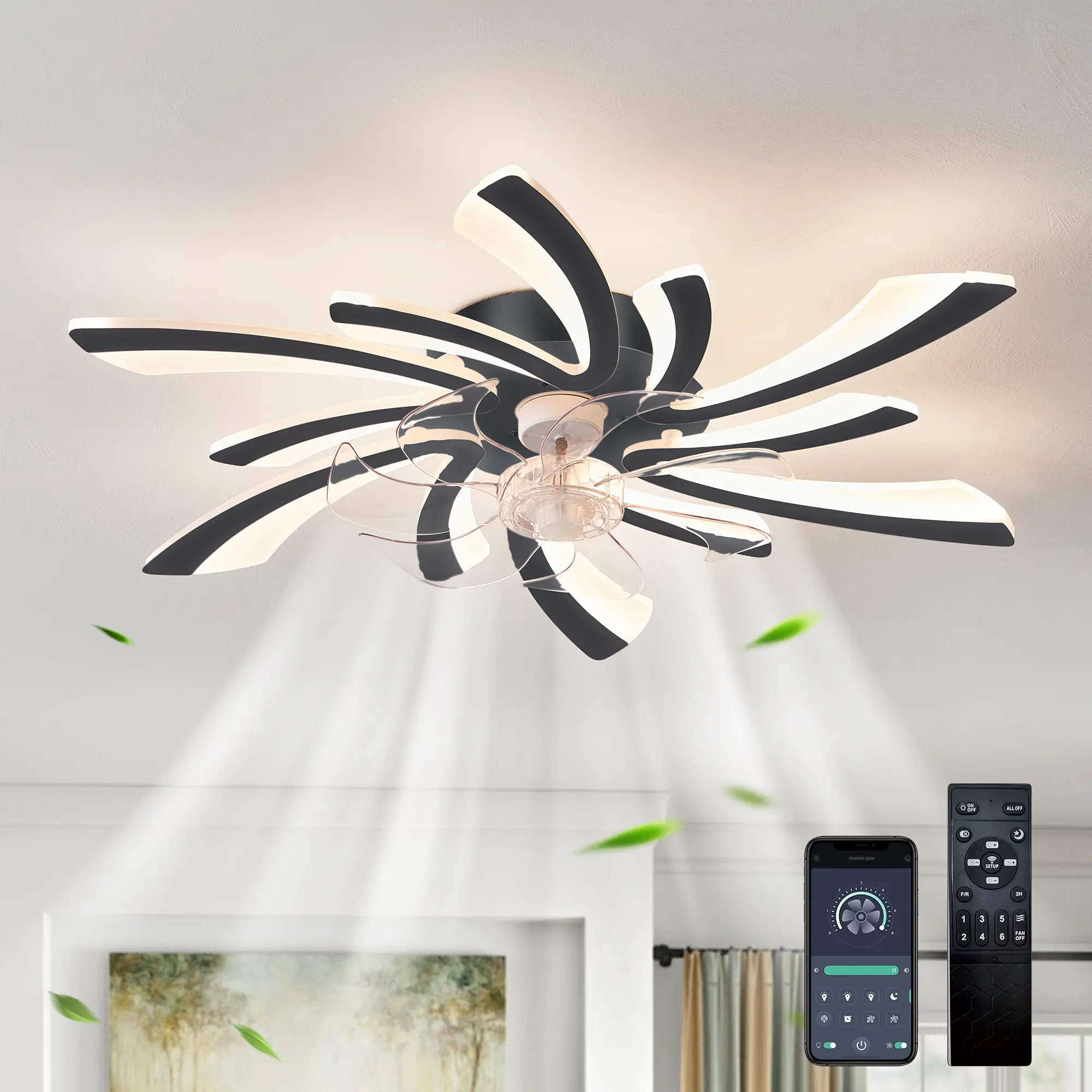Bladeless Ceiling Fan-Light Combo, 30.7In Low Profile Modern Iron Acrylic LED Ceiling Lighting, 110V-240V Household Stainless Steel, Remote Control, 3 Color Temperatures, 6 Gear Wind Speeds, Quiet Powerful Wind, Reverse Mode, for Bedrooms & Living Rooms
