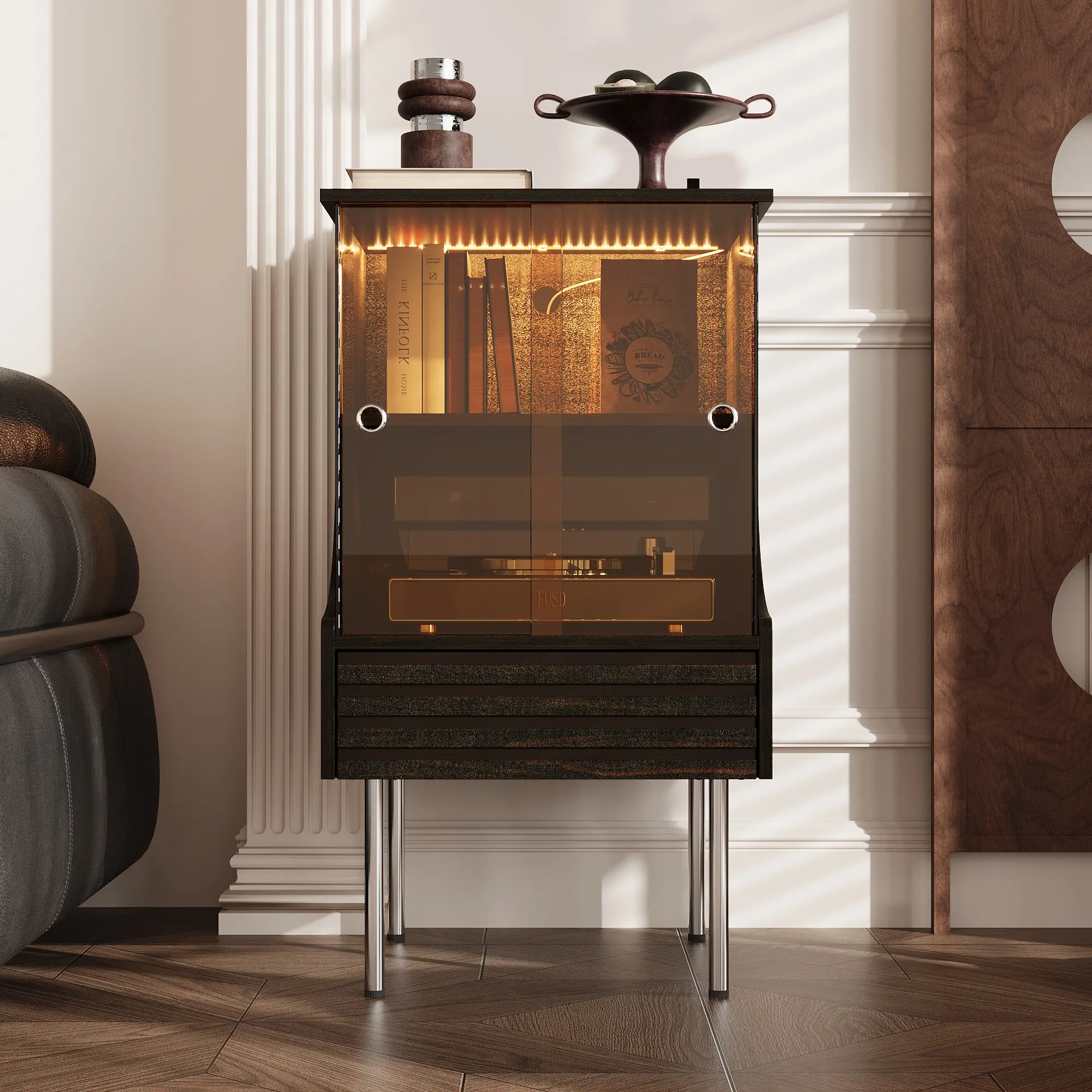 FUFU&GAGA Dark Wood Curio Cabinet with LED Lights, Mid-Century Storage Cabinet with Drawer and Glass Doors for Entryway
