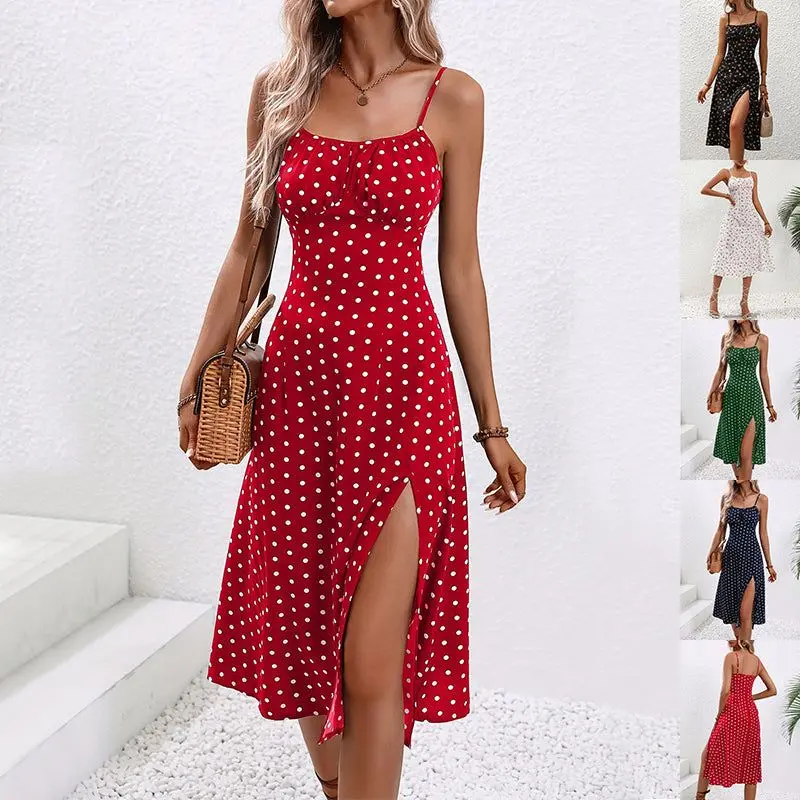 Women's Casual Polka Dot Print Suspender Dress - Fabric Fashion Formal Aesthetic, Comfortable Long Summer Style, Split Design for Evening Elegance Straps Womenswear