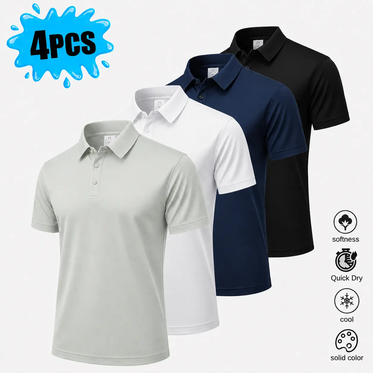 Men’s 4-Pack Quick-Dry Polo Shirts, Soft Breathable Short-Sleeve Golf Shirts, Casual Solid-Color Performance Polo Tops for Work, Golf, and Everyday Wear