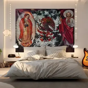 1Pcs Mexican Flag Eagle, Our Lady of Guadalupe & Jesus Christ Printed Tapestry, Red & Black Religious-Cultural Wall Hanging, Soft & Durable Tapestry for Living Room, Bedroom, Home Altar, Cultural Significance, Spiritual & Cultural Home Decor