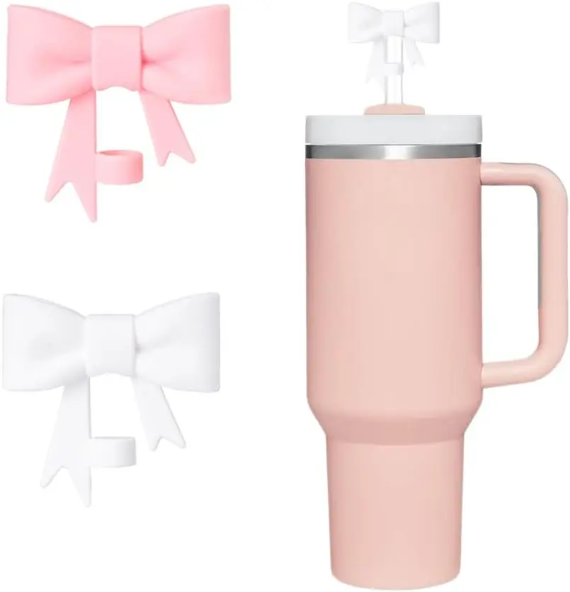 10mm Bow Shape Straw Topper for  Cup (White + Pink)