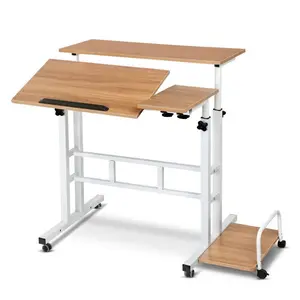 1 Set Wooden Adjustable Height Rolling Mobile Foldable Computer Desk Standing Workstation Light Walnut Bedside Writing Table Small Single Study Desk