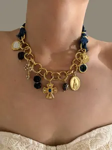 Vintage Fashion Acrylic Enamel Rhinestone Pendant Necklace, Dangling Charms Necklace, Blue Denim Metal Circle, Women's Romantic New Jewelry Gift, Daily Wear Necklace