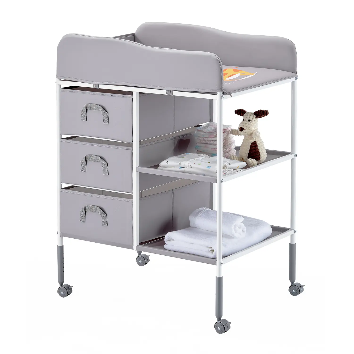 【SummerFinds】VEVOR Baby Changing Table, Portable Diaper Change Station with 3 Fabric Drawers and Lockable Wheels, Adjustable Height Multi-Functional Changing Station Table with Storage Organizer Nursery, Gray