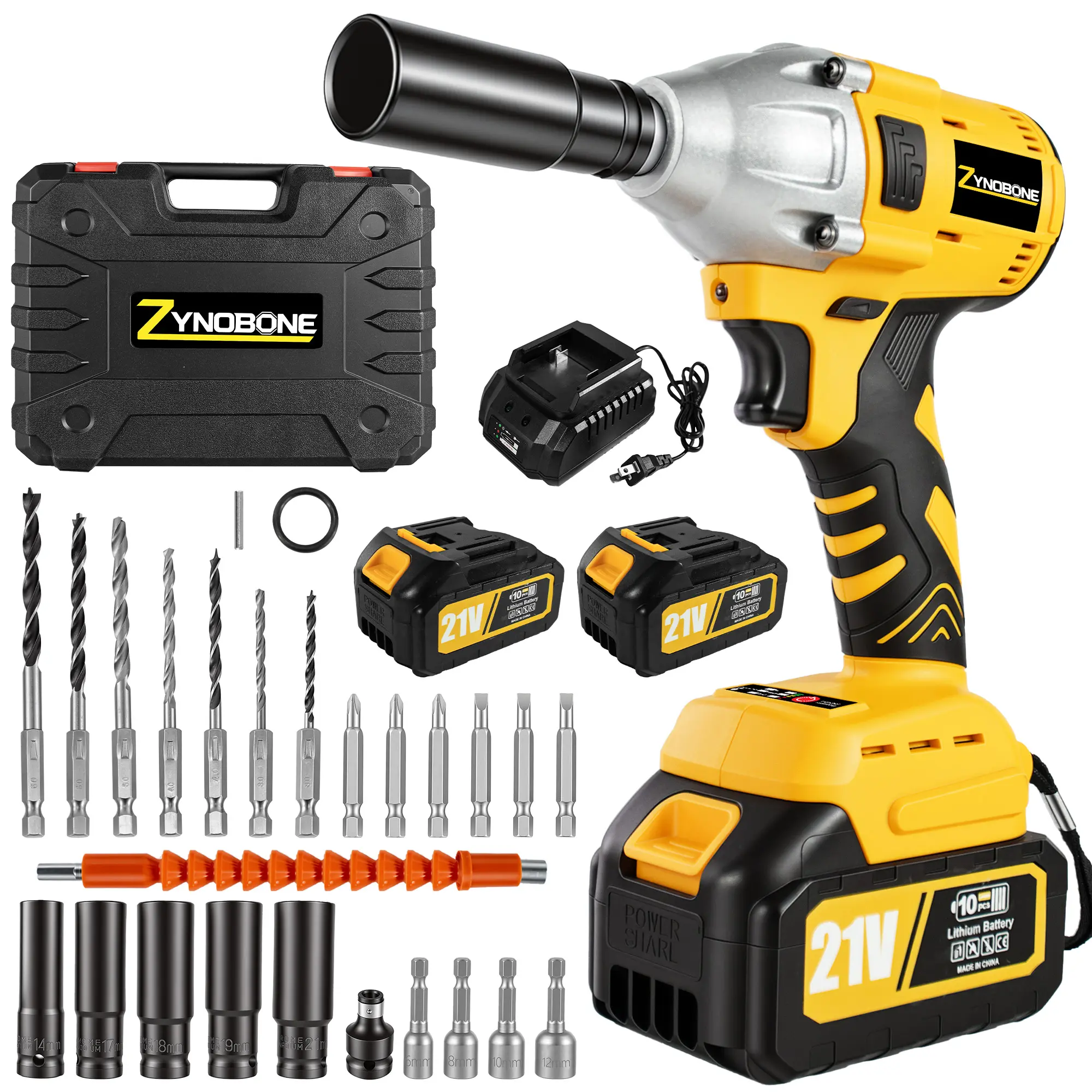 ZYNOBONE 21V Brushless Cordless 3-in-1 Impact Wrench Kit - 1/2 in Drive, 600 Nm High Torque, 2 Batteries, LED Lights, Socket Set, Car Repair Tools for Auto Repair, Home Use