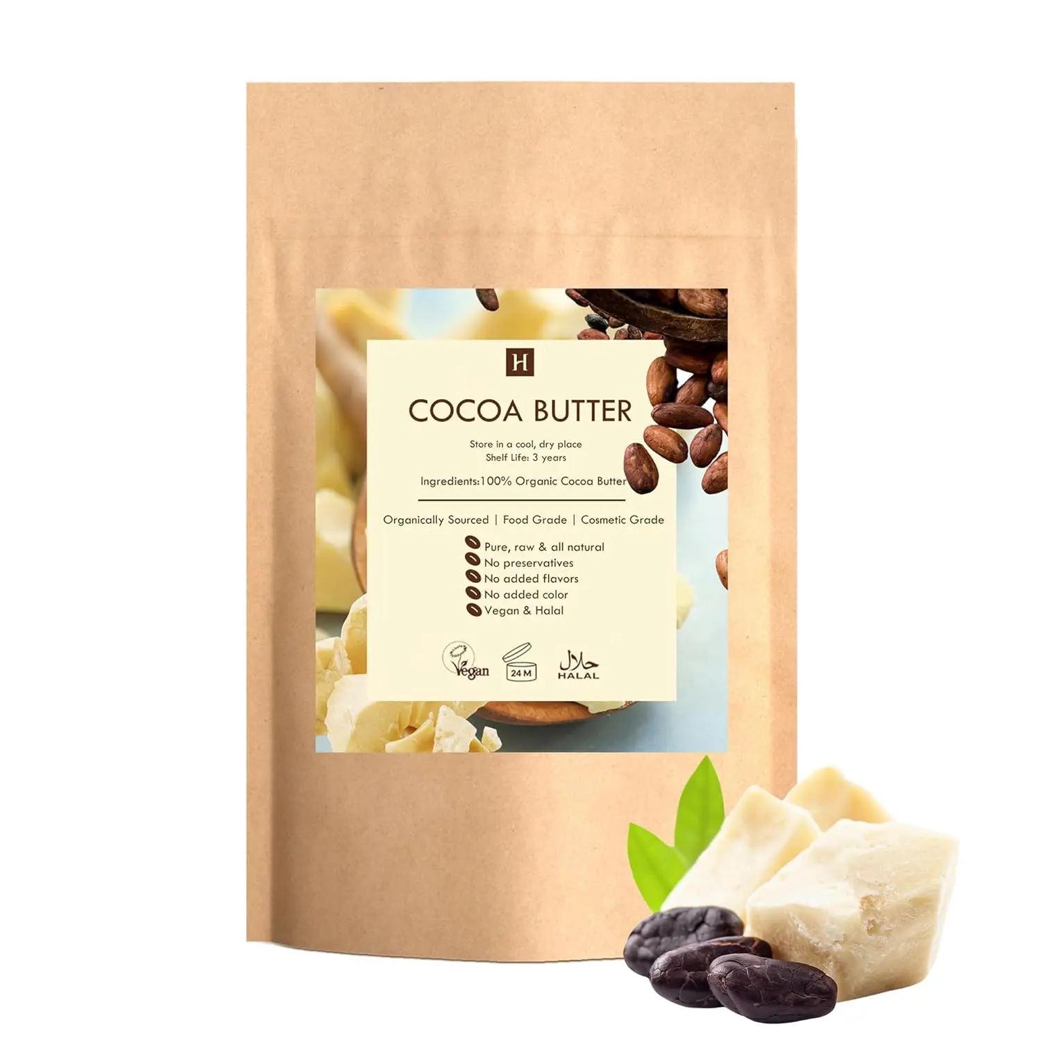 HALALEVERYDAY Pure Organic Cocoa Butter 100% Raw Unprocessed for Lotion Cream Lip Balm Body Butter NON-GMO Vegan 1 lb & 5 lb Cold-Pressed Quality Multi-Purpose Moisturizer