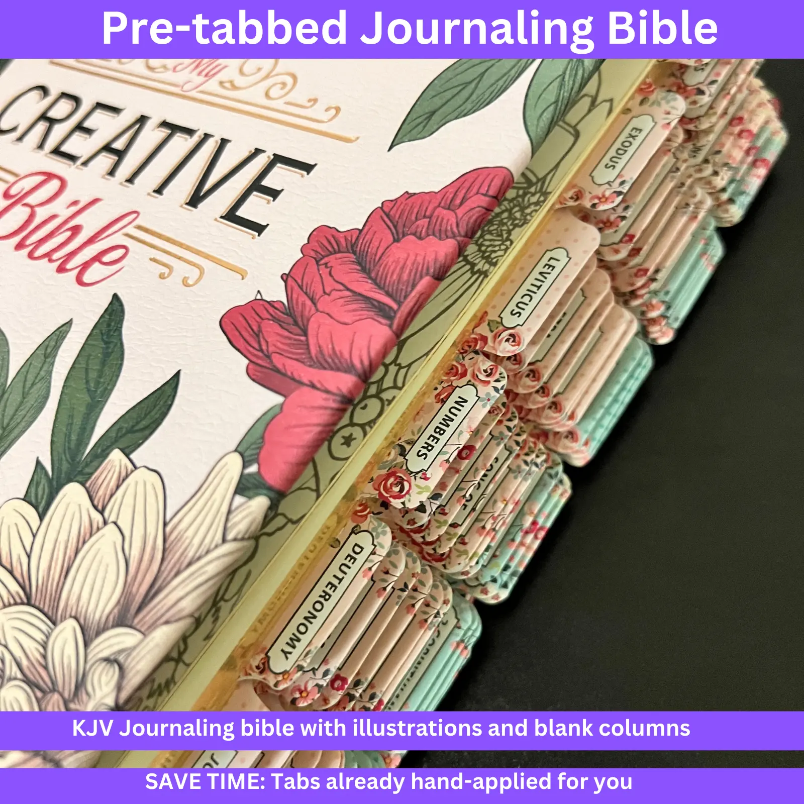 PRE-TABBED JOURNALING BIBLE -Rose-pink Floral Faux Leather Hardcover KJV My Creative Bible with Elastic Closure -Tabs already hand-applied for you. creative bible king james pink  bible imitation leather