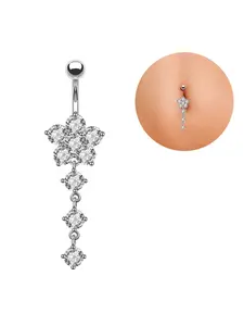 Luxurious Floral Long Zircon Belly Ring for Women, Elegant Stainless Steel Piercing Jewelry, All-Season Body Ornament