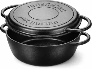 JINCHUFURI Pre-Seasoned Cast Iron Dutch Oven with Skillet Lid - 3.5QT 2-in-1 Heavy Duty Kitchen Cookware for Bread Baking, Camping, Stovetop Use