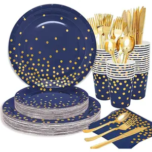 175PCS Blue Plates and Napkins Party Supplies, Blue and Gold Party Decorations Serve 25 Guests-Royal Blue Paper Plates For Birthday,2025 Graduation Party Decorations
