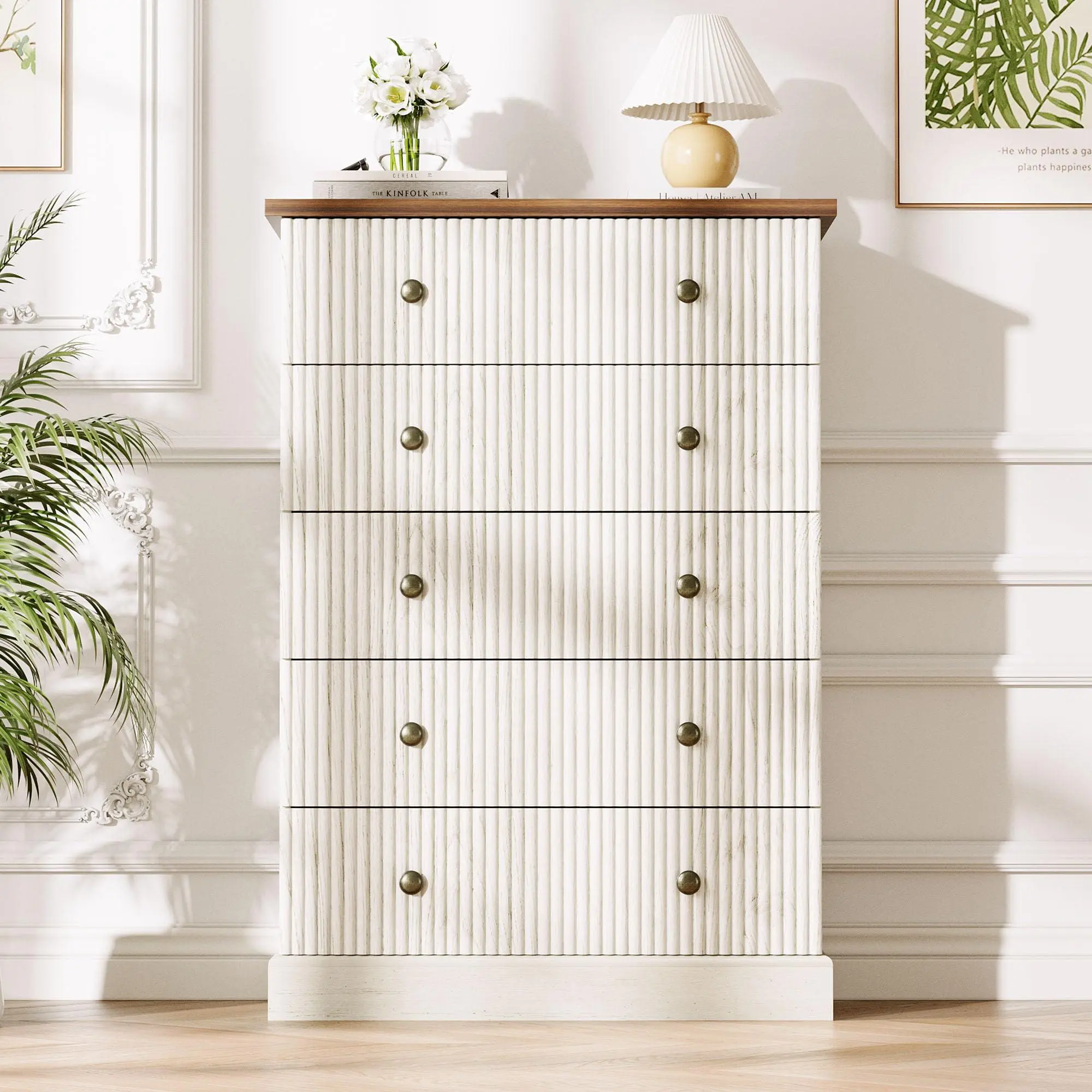 5 Drawer Fluted Dresser, Slim Vertical Wood Chest with Metal Handles for Bedroom Apartment Guest Room