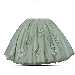 Forest Sage – Strapless Sage Green Ball Gown with Floral Lace Appliqués