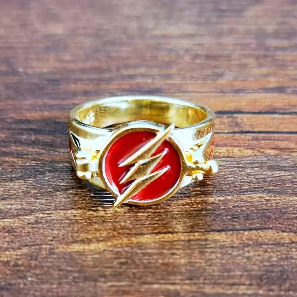 Golden Lightning Symbol Ring - Unique Openable Design, Vibrant Red & Shiny Gold Tone. Stylish Statement Jewelry for Superhero Fans, Perfect for Adding a Bold Touch to Your Look. A Must - Have Accessory!