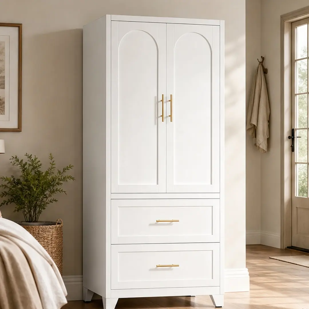 71" Tall Metal Wardrobe Cabinet - Modern Clothing Storage Wardrobe Closet System with 2 Drawers, Hanging Rod, 2 Doors, Adjustable Shelf, Steel Armoire for Bedroom, Office, Multiple Color Options