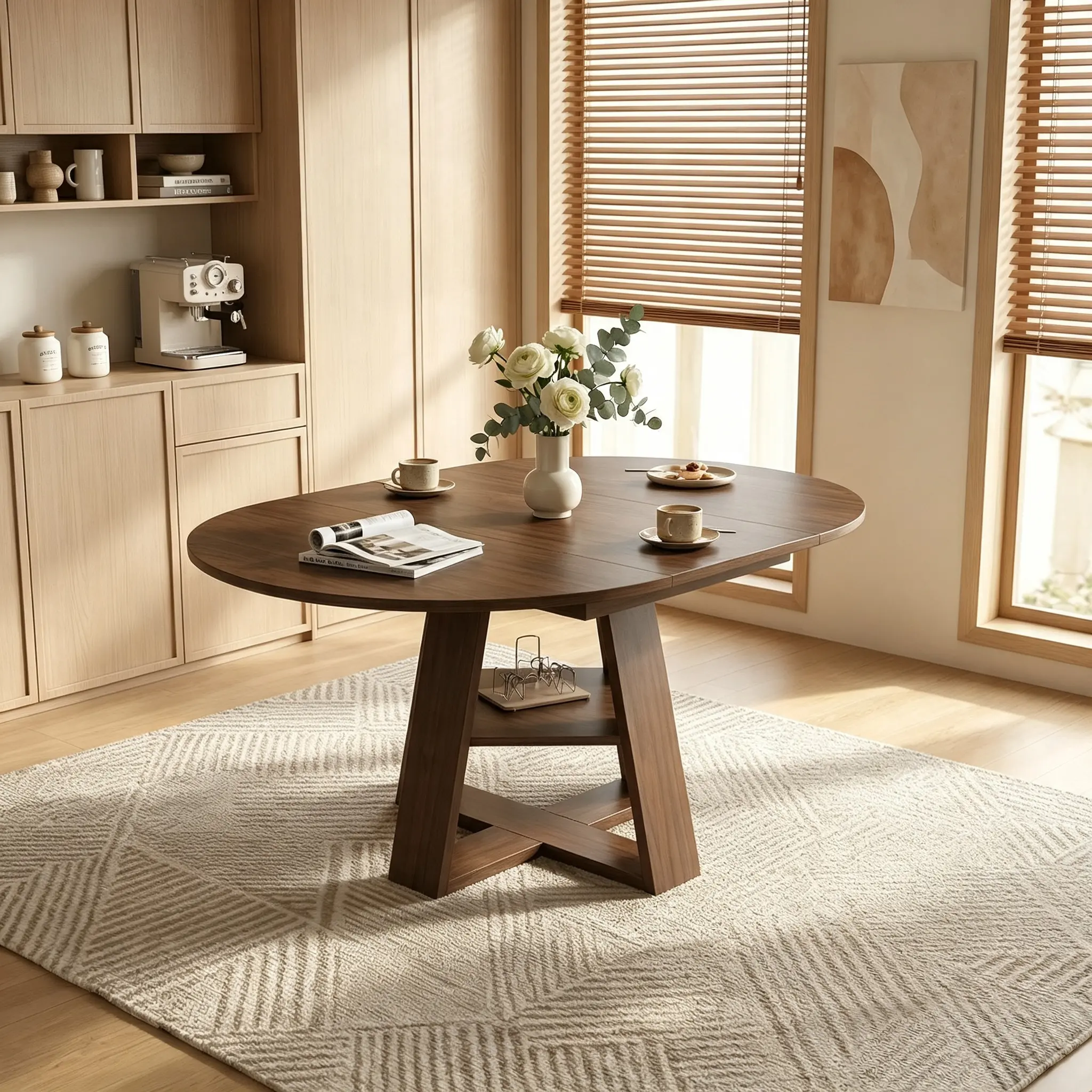 Modern Round Oval Extendable Dining Table 43.3 to 59in, Farmhouse Kitchen Table with Storage Shelf, Space Saving for 4-8 People Apartment Dinning Room, Walnut