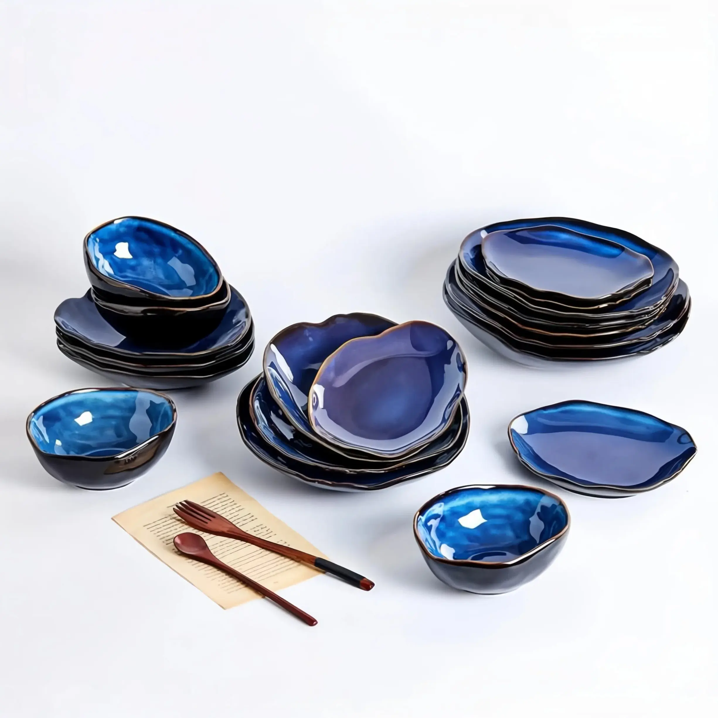 20 Pieces Irregular Blue Reactive Glaze Ceramic Dinnerware Set, Stoneware Plates and Bowls Set Microwave Dishwasher Safe Modern Tableware for Family Daily Dining & Party