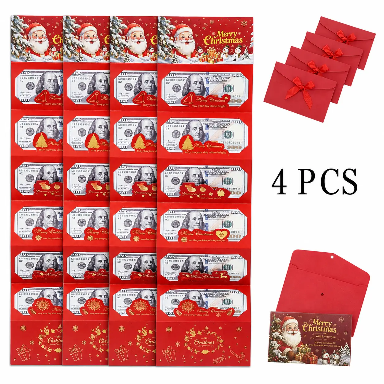 1/2/4 Pcs Christmas Money Envelope for Cash, DIY Cash Holder with 6 Folding Slots, Luxury Paper Gift Card Holder with Exquisite Greeting Cards, Surprise Holiday Gift for Girls Boys Family