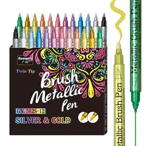 Metallic Color Acrylic Paint Pen, Acrylic Art Kit, 12pcs/set Dual Tip Acrylic Paint Marker Pen, Fine Tip & Brush Tip Paint Pen for Rock Painting, Canvas, Wood, Ceramic