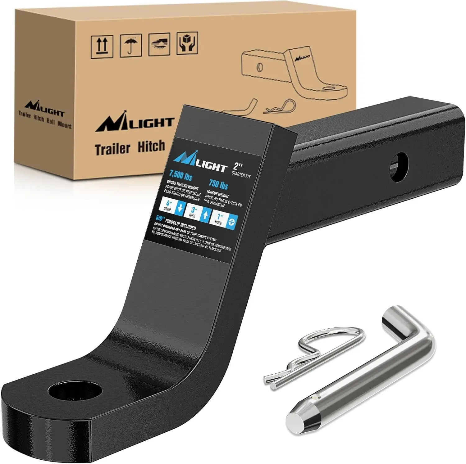 Nilight Trailer Hitch Ball Mount, 7500lb Capacity, 2" Square Receiver Fit with 5/8" Hitch Pin Clip, 4" Drop-3" Rise, 1" Hole, Gloss Black E-Coat Pre-Coated for Towing Trailers, Motorcycles, ATV Hauling