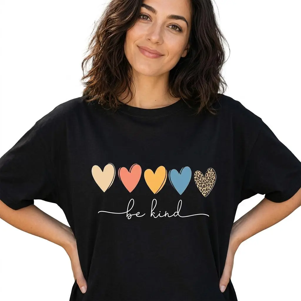 Be Kind Shirt Women Leopard Heart Inspirational Graphic Tee Plus Size