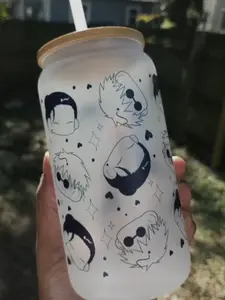 Japanese Anime Gojo & Geto Chibi 16oz Frosted Libby Glass Cup with Lid and Straw - Drinkware, Bottles