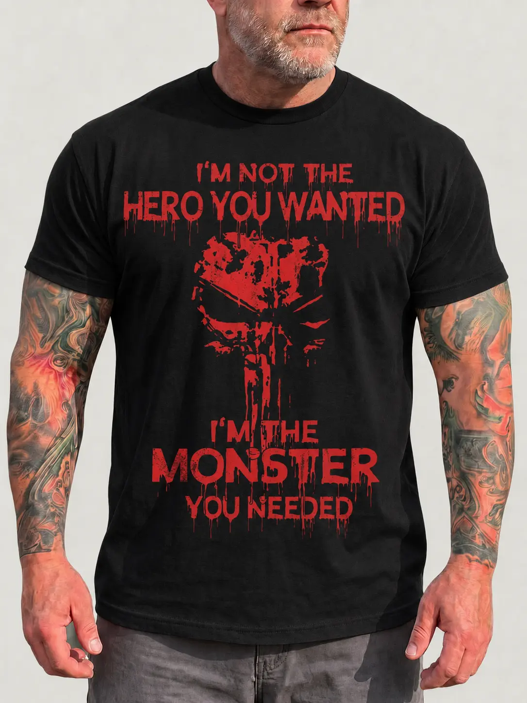Men's Short-Sleeve Casual Skull Print T-Shirt - "I'm Not The Hero You Wanted I'm The Monster You Needed" Funny Quote, Retro 70s Grunge Y2K Streetwear, Gift for Dad, Summer Daily Menswear