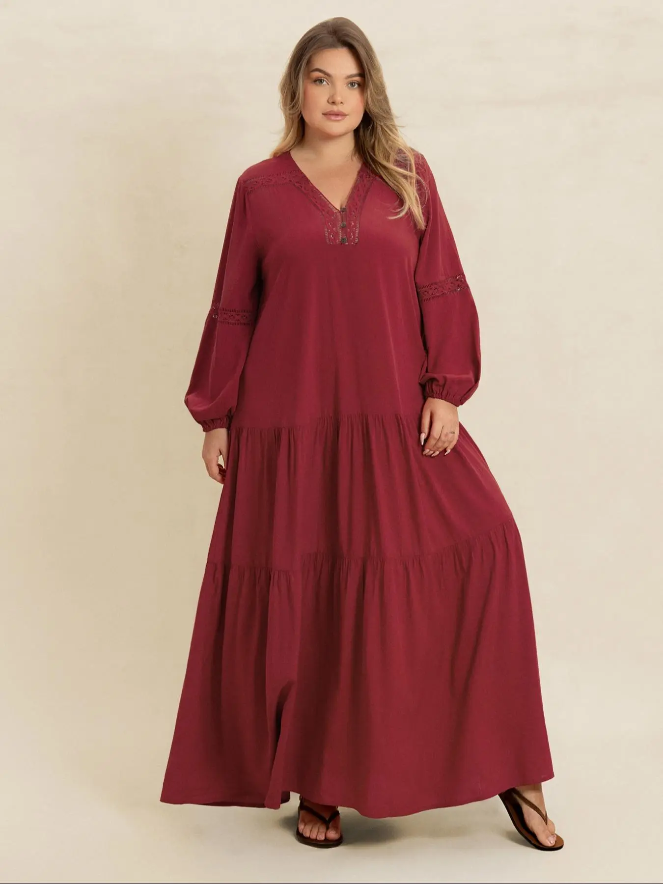 【Plus Size】 Plain V Neck Long Sleeve Dress, Modest Bohemian Style Boho Fashion Dress for Daily Holiday Vacation Wear, Women Plus Clothing for All Seasons Maxidresses