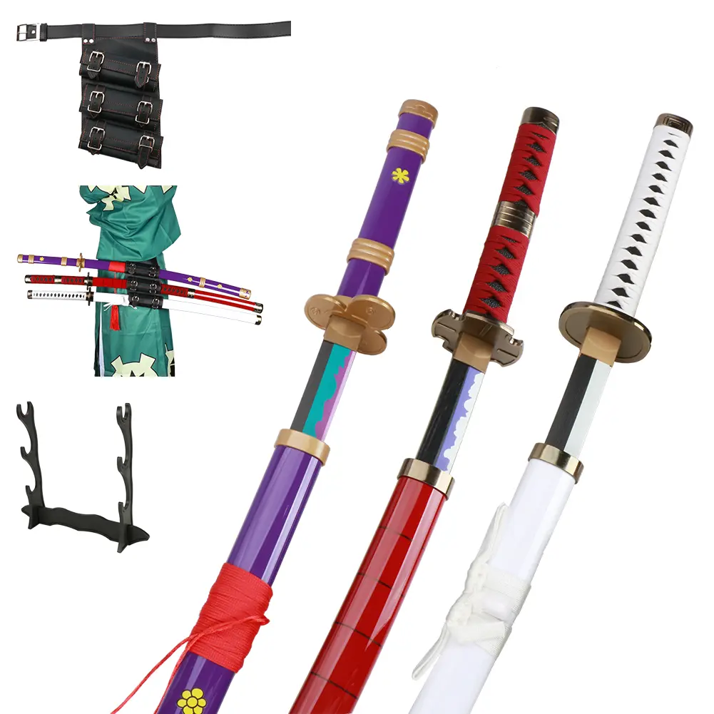 ELERVINO 41-in Plastic Roronoa Zoro Cosplay Sword Set - Yama Enma, Wado Ichimonji, Sandai Kitetsu with Black Belt Stand Display for Cosplays, Collection Decoration, Holiday Gifts (Toys & Hobbies Toy Swords & Sabres)