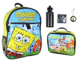 Nickelodeon SpongeBob SquarePants Characters Squidward Patrick Mr. Krabs Sandy Plankton 5 PC Backpack Lunch box Water Bottle Set 16"