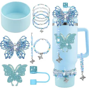 7Pcs Cup Accessories for Stanley Cups 40/30oz Silicone Tumbler Boot Straw Covers Toppers 10mm(0.4in) Butterfly Stickers Bracelets Handle Charm for Stanley Cup Tumbler Accessories