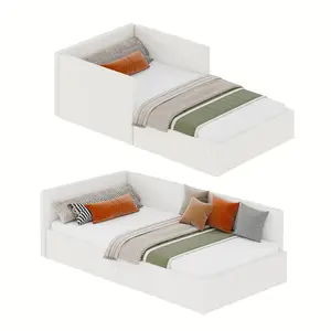 Garvee Twin Daybed with Headboard, Corner Bed Frame featuring Velvet Upholstery, Bed Rails, Guardrail, Adjustable Installation, Wooden Slats Support, Ideal for Bedroom or Guest Room in Beige or Light Grey