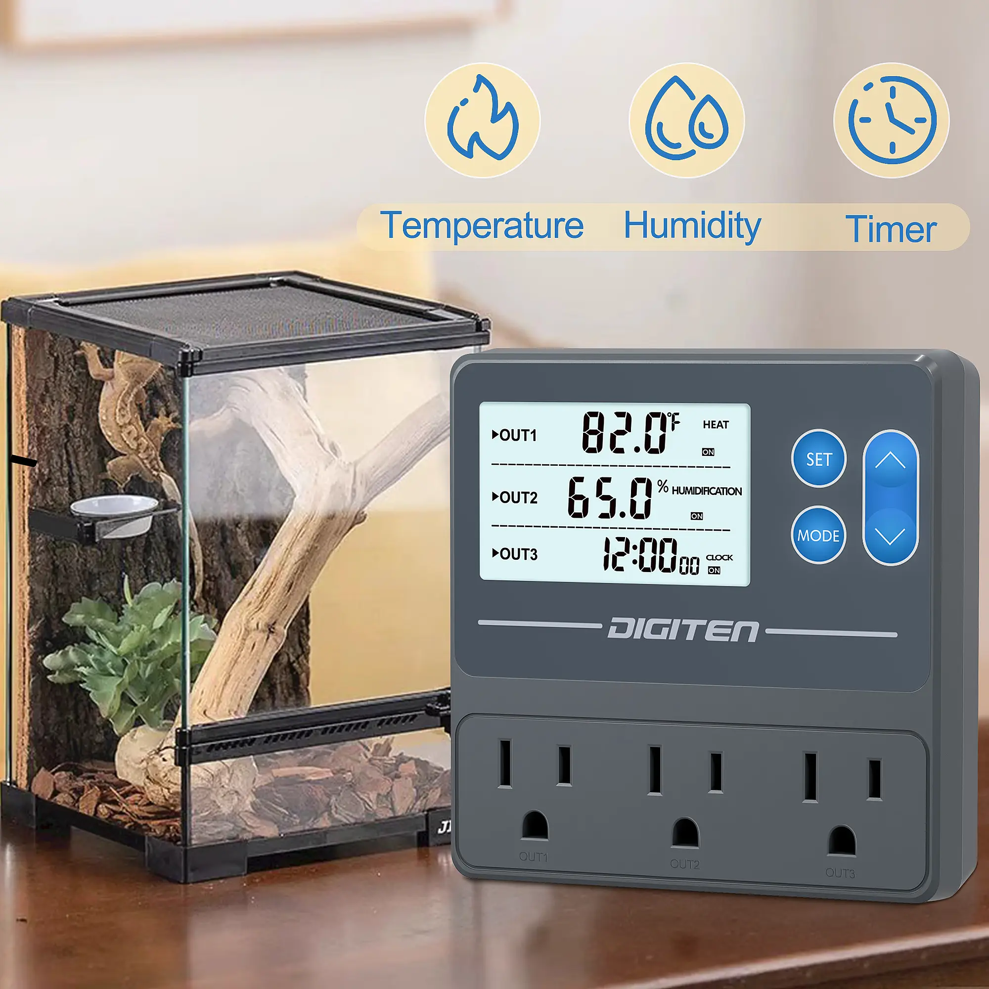DIGITEN Reptile Temperature and Humidity Controller THT103, Features UV heat lamp control, humidifier control, and a timer-equipped outlet. Suitable for reptiles, mushroom cultivation, and home brewing equipment.