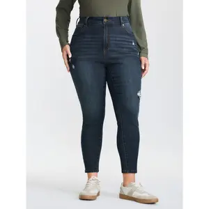 Women's Plus Size Stretchy Mid-Rise Spandex-Cotton Fabric Bottom Pants, BLOOMCHIC Lady Skinny Jeans with Pocket, Butt-Lifting Fit, Summer Turn-Up Design, 2026 Mother's Day Garment [M-6X]