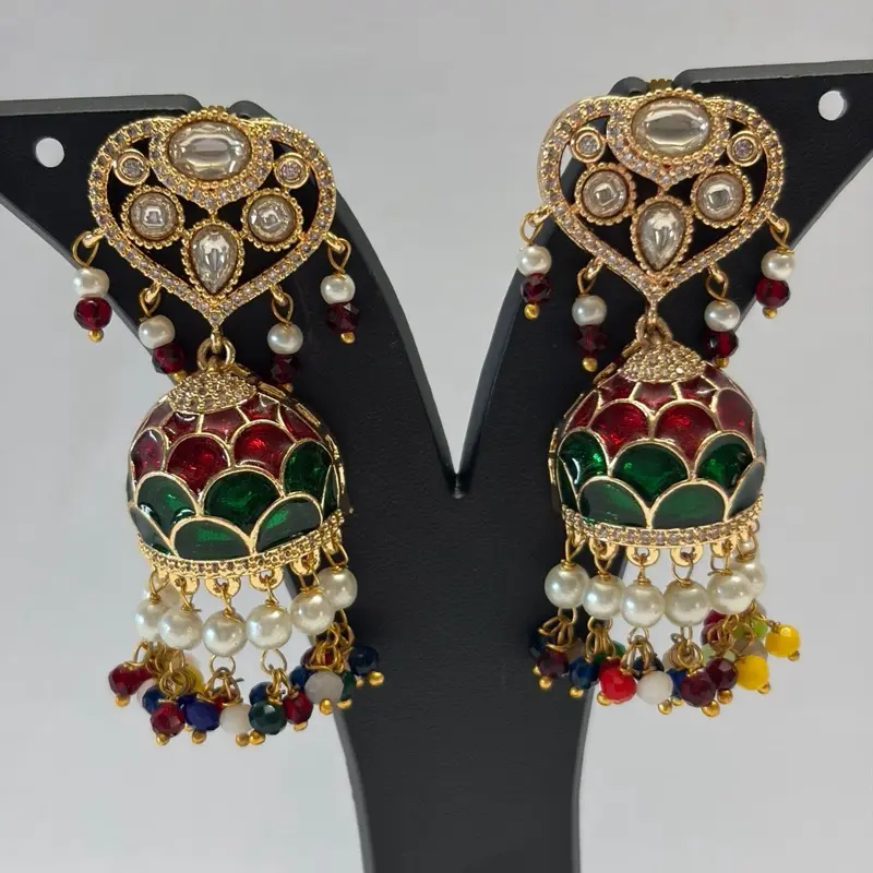 Kundan Jhumka Earrings for Women, Traditional Metal Coated Dangle Earrings with Pearls & Beaded Tassels for Indian Bridal Wedding, Female, Traditional Wedding Style Earrings, Metal Coating