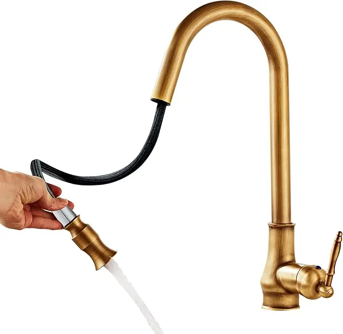 Single Handle Kitchen Sink Faucet, Antique Brass Copper One Hole Kitchen Faucet with Pull Out Sprayer, Widespread Traditional Vintage 360° Swivel Pull Down Mixer Tap, 16 Inch Cold Hot Mixing Hose