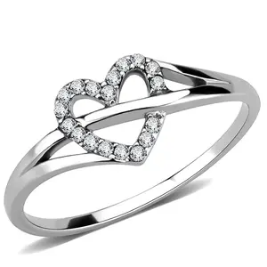 AAA Grade Clear CZ on Heart Shape Stainless Steel Womens Eternity Pave Thin Band