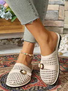 Vintage Woven Hollow Out Slip-On Sandals, Breathable Flat Summer Slippers, Casual Comfortable Rubber Mules, Ideal for Relaxing Days, Flat Sandal Shoes, Women