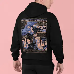 Men's JJK Suguru Geto Gojo Satoru Double-Sided Hoodie - Streetwear Tops, Kangaroo Pocket Fabric, Horror Anime Front & Back Print Pullover, S-5XL