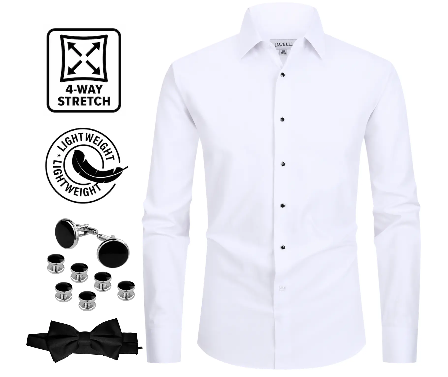 Jofelli Men's Dress Shirt White 4-Way Stretch Convertible Tuxedo Regular Bowtie Cufflinks Studs Included for Formal Occasions