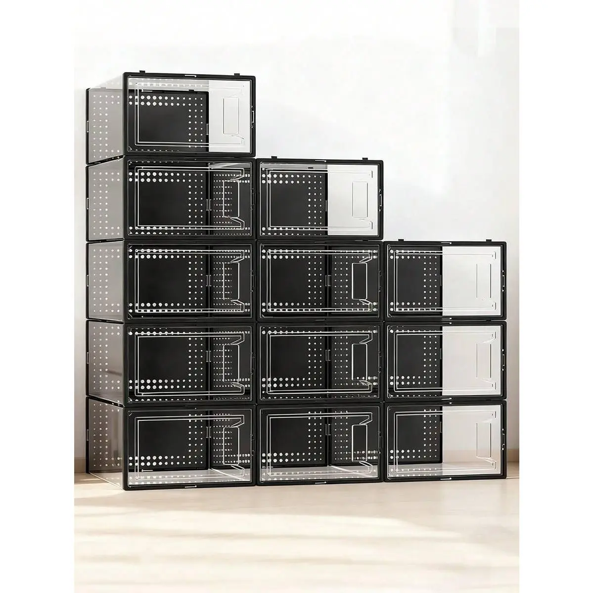 12 Pack Large Shoe Organizer Storage Rack Clear Plastic Stackable Shoe Boxes For Closet, Space Saving Foldable Shoe Storage Case, Sneaker Storage Shoe Box Container