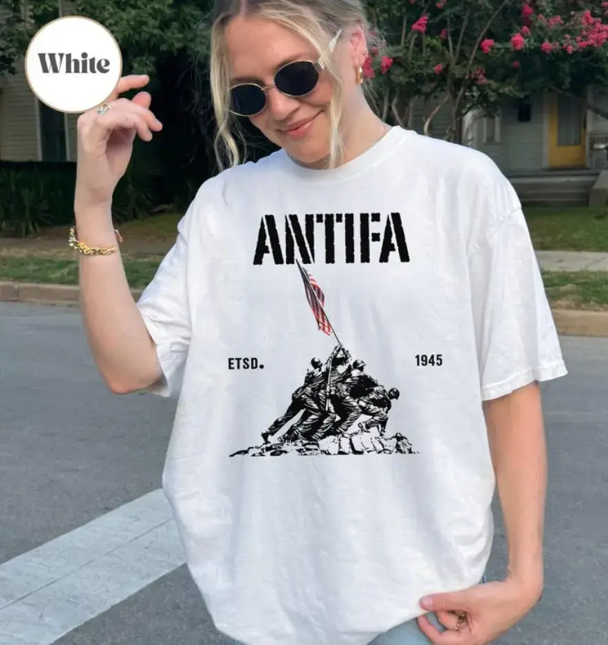 Women's Round Neck Casual Short Sleeve Antifa 1945 Estd Streetwear T-Shirt - Patriotic Anti-Fascist, Pro-Democracy Liberal Protest Top, Full Sizes, Full Colors