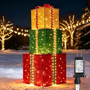 Set of 3 Christmas Lighted Gift Boxes - Pre lit Presents Christmas Boxes with Different Sizes for Holiday Indoor Outdoor Decoration